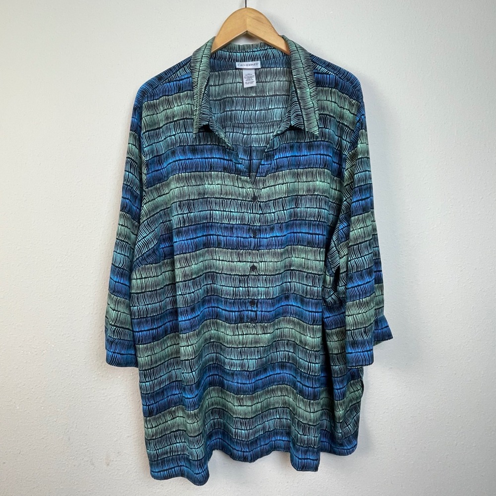 Catherine's 4X Blue Green Striped Button‎ Down Shirt Tunic Top